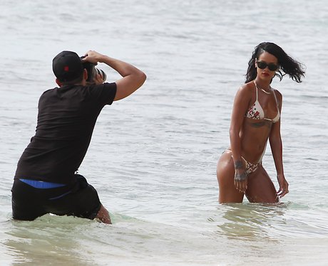 Rihanna in Barbados on a beach