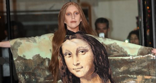 Lady Gaga wearing a dress with Mona Lisa print on