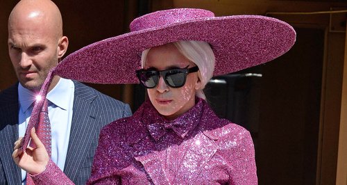 Lady Gaga wearing a sequin pink outfit