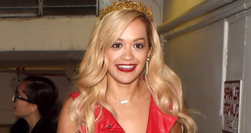 Rita Ora wear a red leather dress