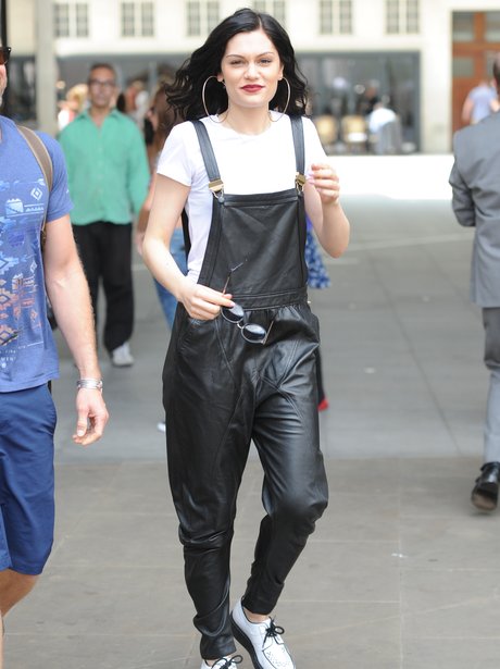 Jessie J wearing leather dungareese. 