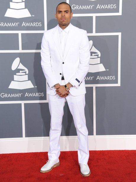 Chris Brown smartened up in his all white suit at the Grammy Awards ...