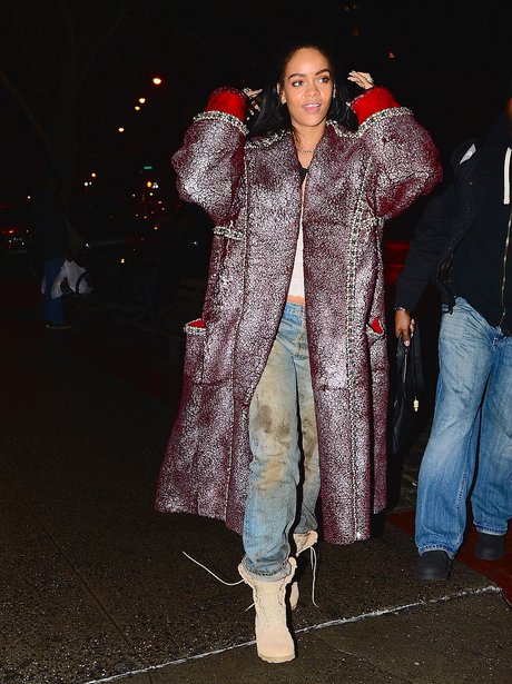 Rihanna wears big sheepskin coat