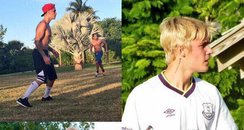 Justin Bieber wears Everton Football team shirt