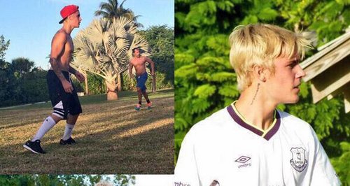 Justin Bieber wears Everton Football team shirt