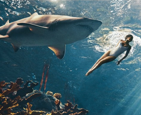 Rihanna swimming with sharks Harpers Bazaar