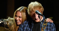 Beyonce and Ed Sheeran on stage at Stevie Wonder 