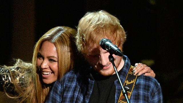 Beyonce and Ed Sheeran on stage at Stevie Wonder 