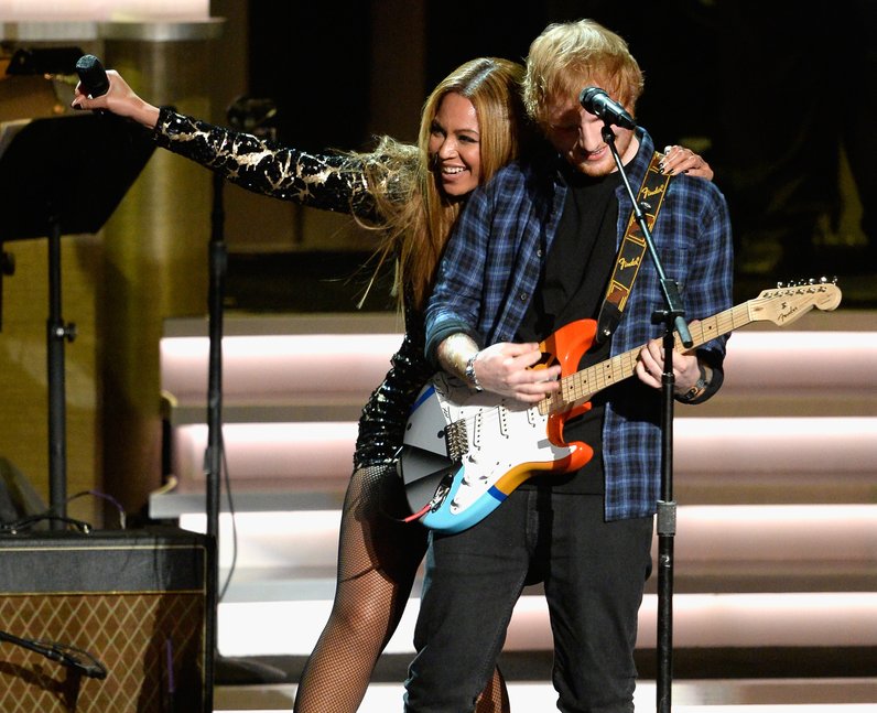 Beyonce and Ed Sheeran on stage at Stevie Wonder