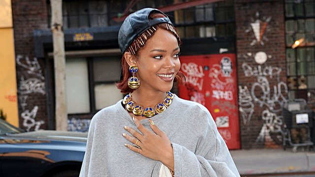 Rihanna wearing a poncho in New York 
