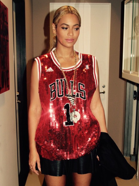 Beyonce wearing a sequin basketball top