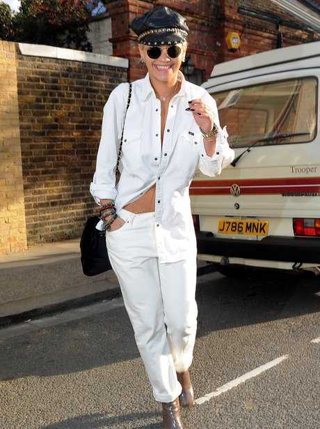 Rita Ora wearing all white leaving a studio 