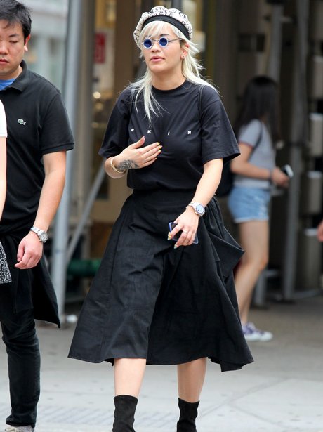 Rita Ora in New York wearing weird sunglasses