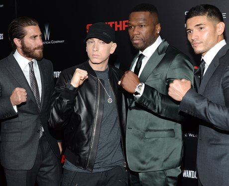 Jake Gyllenhaal, from left, Eminem, Curtis Jackson