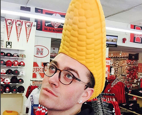 Sam Smith with a corn on the cob on his head