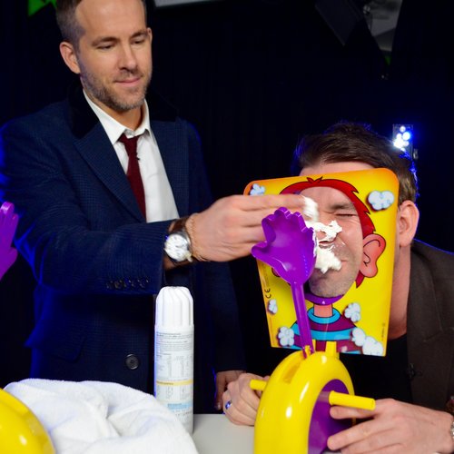 Ryan Reynolds and Dave Berry playing Celebrity Pie Face