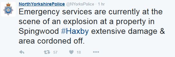 Haxby house explosion North Yorkshire Police Tweet