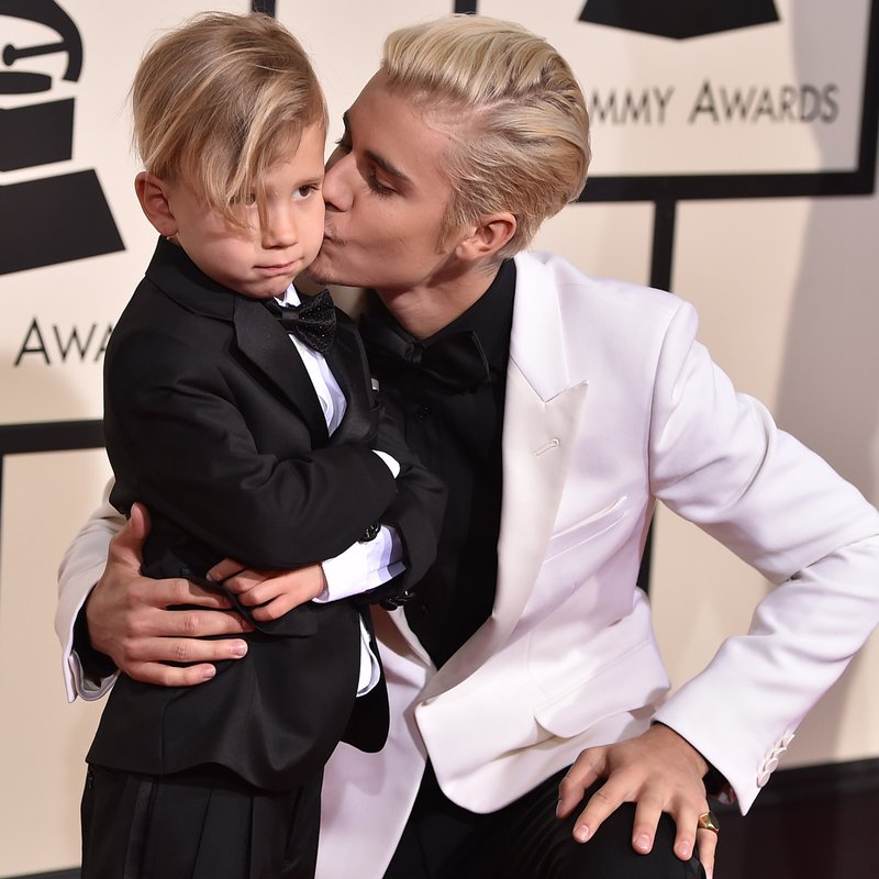 Justin Bieber with brother Jaxon at GRAMMYs 2016