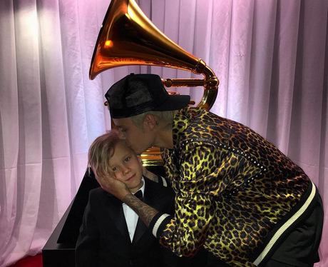 Justin Bieber is joined by Jaxon Bieber at Grammys