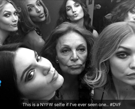 That's one hell of a selfie! Gigi Hadid, Kendall Jenner, Karlie Kloss and Jourdan Dunn pose at NYFW.