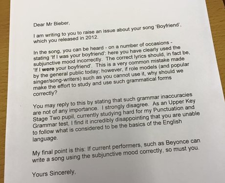 Pupil writes grammar correction letter to Justin B