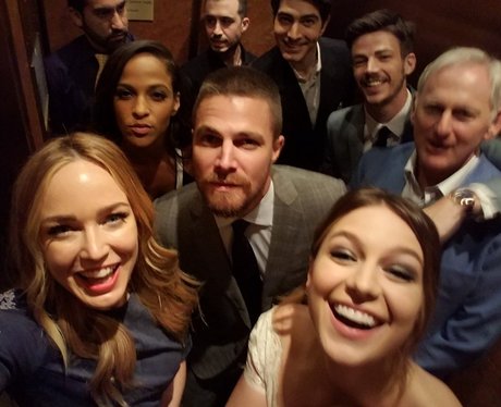 DC superheroes assemble in a lift