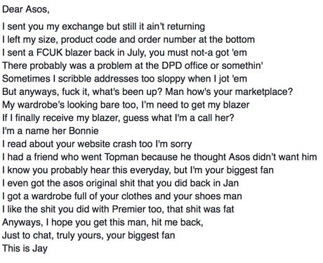 Guy emails ASOS about return using Eminem song