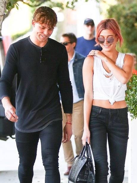 Hailey Baldwin with pink hair our and about with A