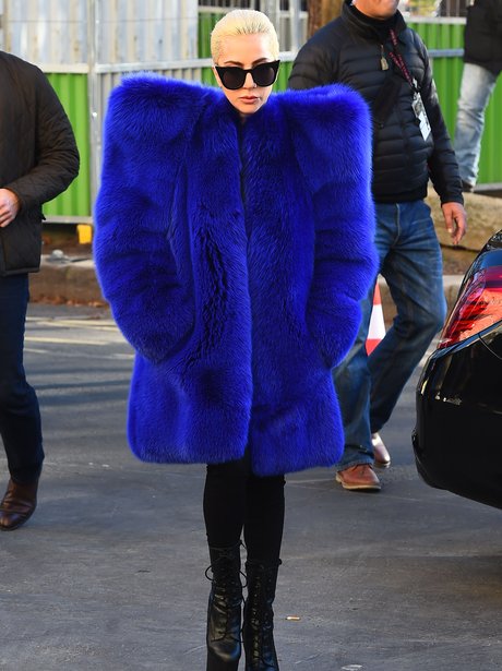 Lady Gaga with big blue coat leaving Victoria's Se