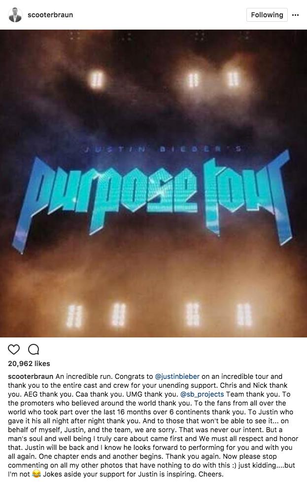 Scooter Braun Purpose Tour Cancelled