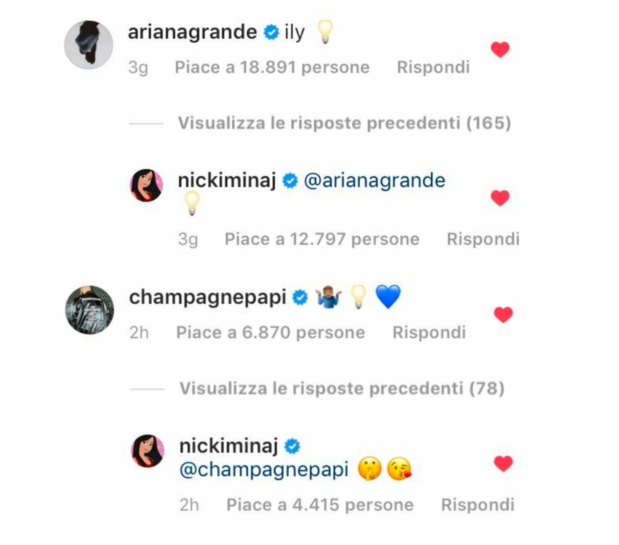 Drake and Nicki Minaj comment on Ariana Grande's I