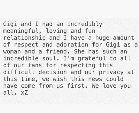 Zayn confirms his split with Gigi Hadid